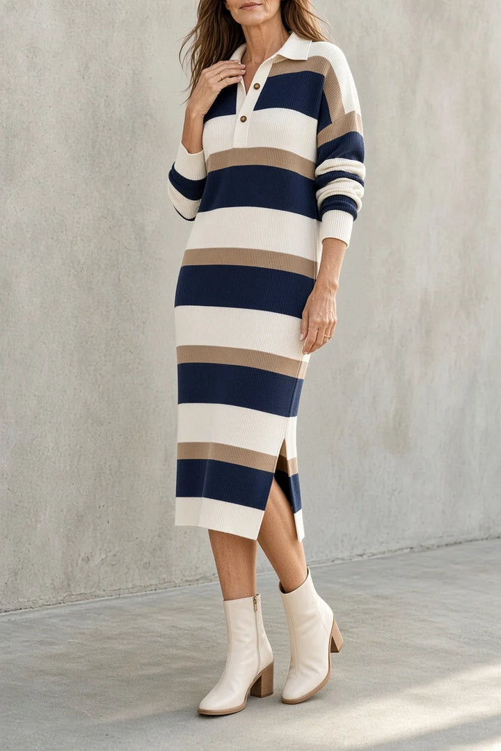 TARA | STRIPED COLLARED KNIT MIDI DRESS