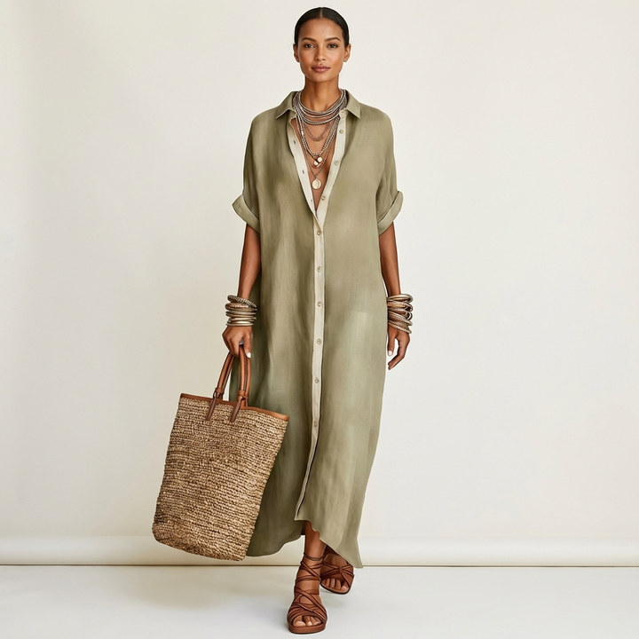 KAMIRA | CONTRAST COLLAR MAXI SHIRT DRESS