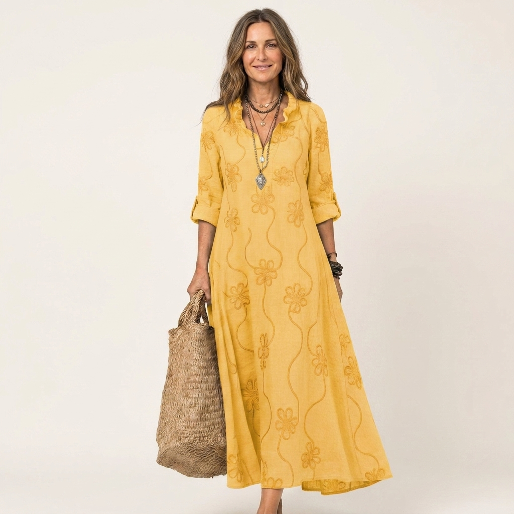 MARIAM | EMBROIDERED COTTON-LINEN MAXI DRESS