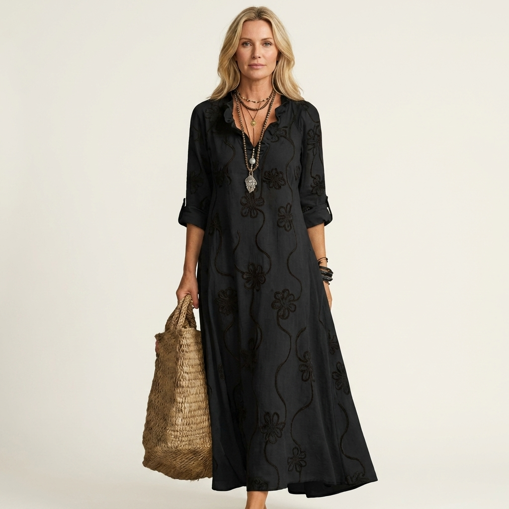 MARIAM | EMBROIDERED COTTON LINEN MAXI DRESS