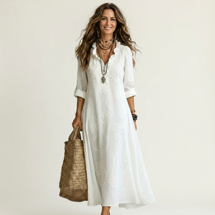 MARIAM | EMBROIDERED COTTON-LINEN MAXI DRESS