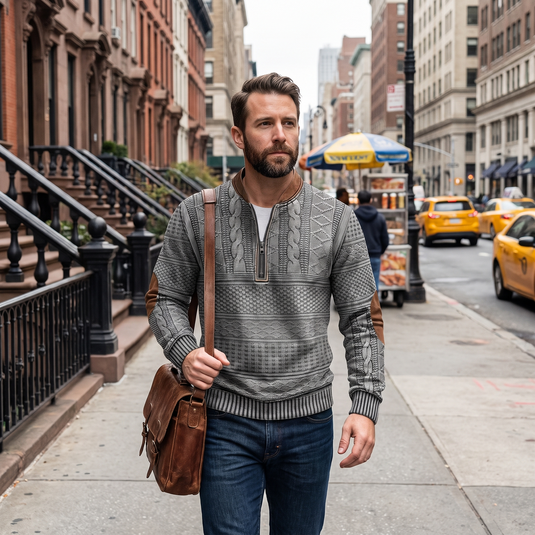 RONAN | RETRO HALF-ZIP SWEATER WITH ELBOW PATCHES