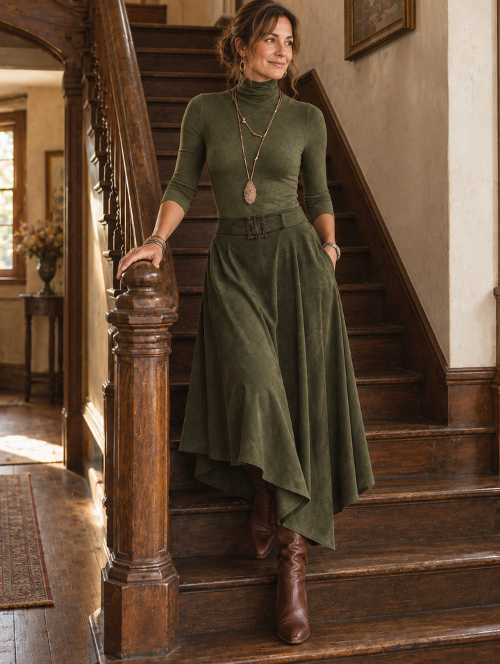 Turtleneck Top And Asymmetrical Midi Skirt Set