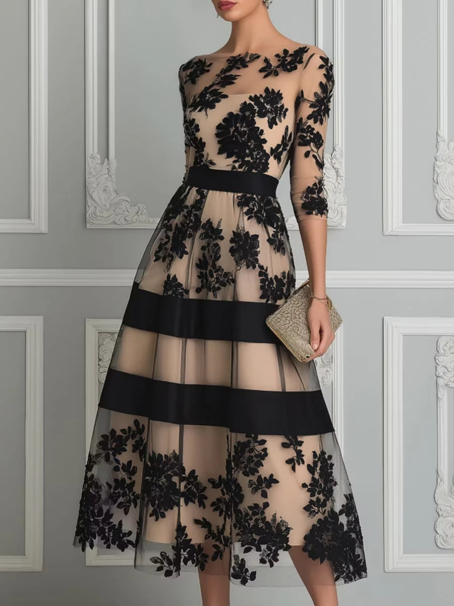 SERAPHINE | BLACK FLORAL LACE A-LINE MIDI DRESS