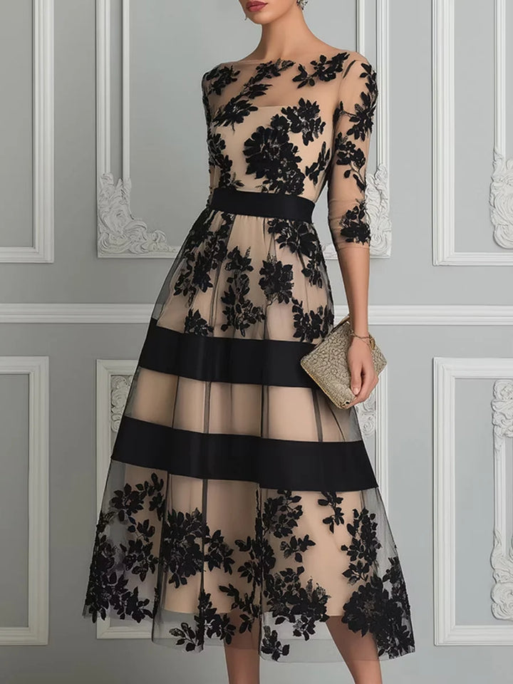 SERAPHINE | BLACK FLORAL LACE A-LINE MIDI DRESS
