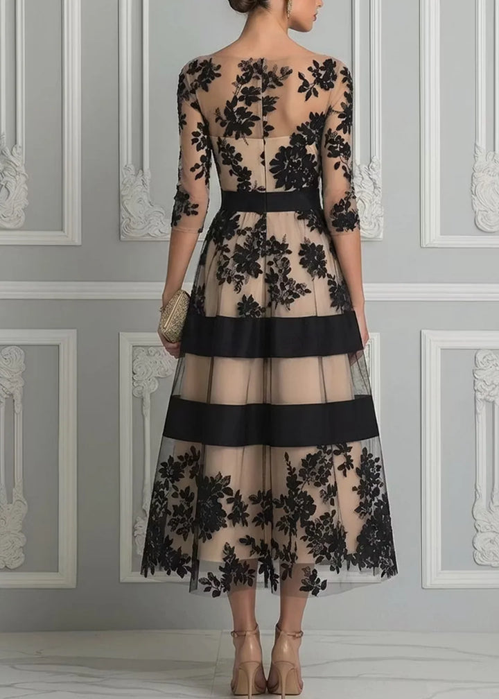 SERAPHINE | BLACK FLORAL LACE A-LINE MIDI DRESS
