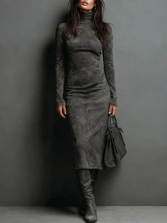 ADRIANA | HIGH-NECK SUEDE MIDI DRESS