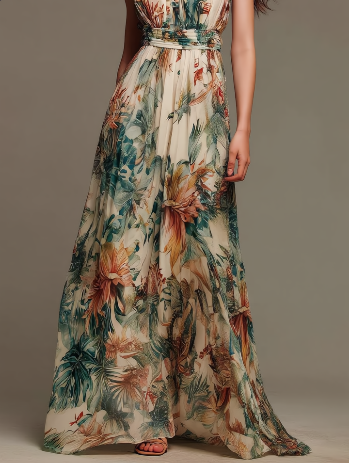 CELESTE | TROPICAL BOTANICAL CHIFFON MAXI DRESS