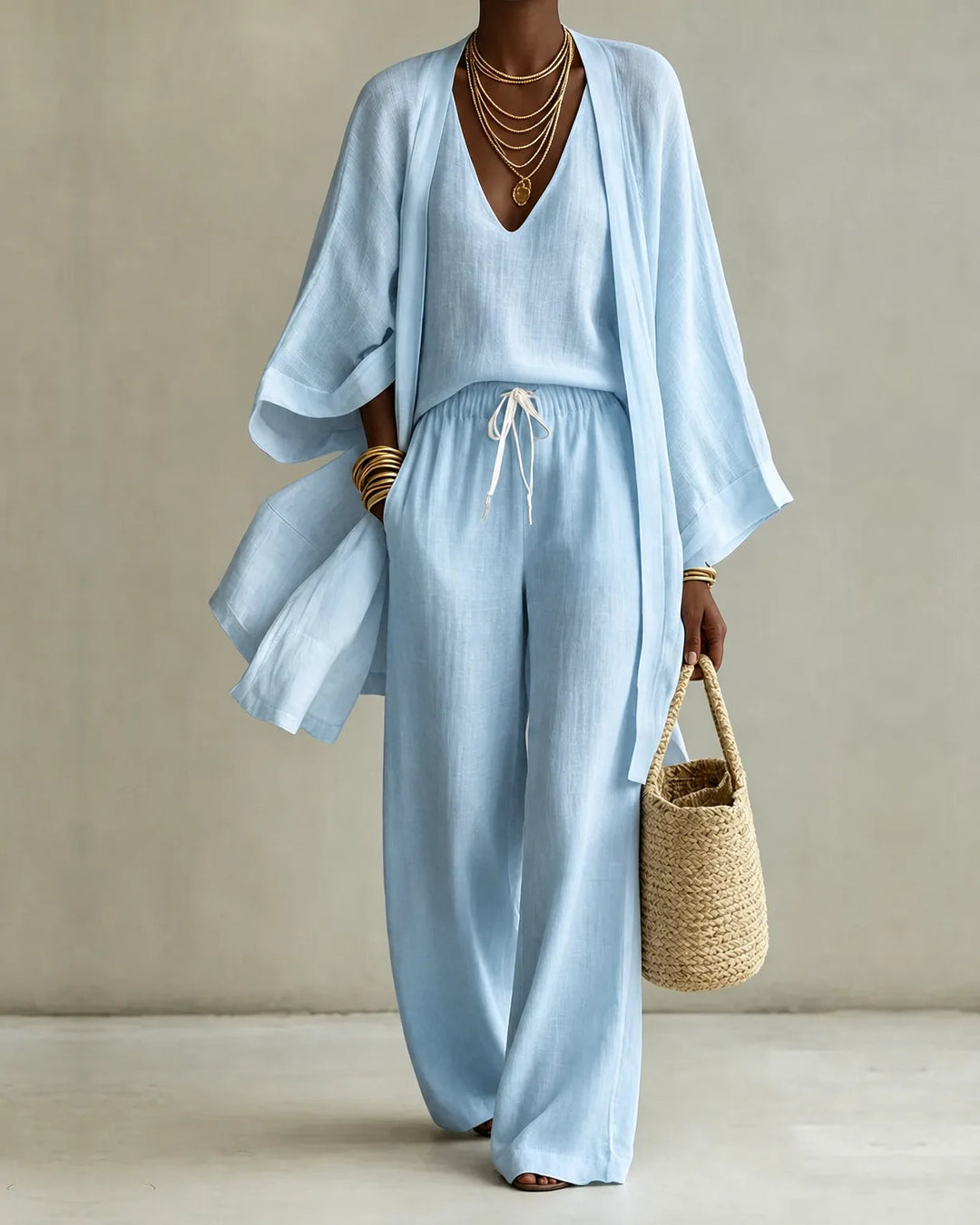 Three-Piece Linen-Look Trouser Set