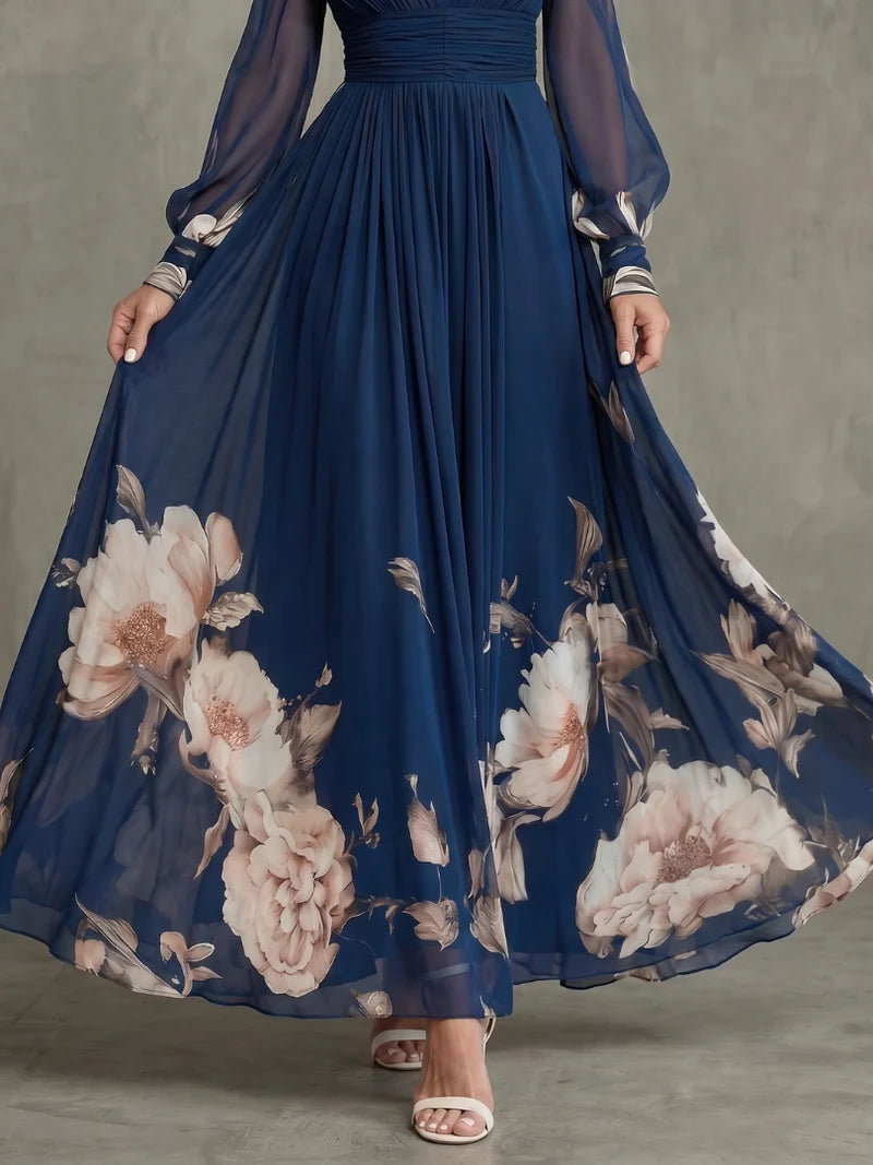 LAVINIA | FLORAL HEM SHEER-SLEEVE MAXI DRESS