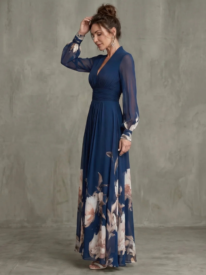 LAVINIA | FLORAL HEM SHEER-SLEEVE MAXI DRESS