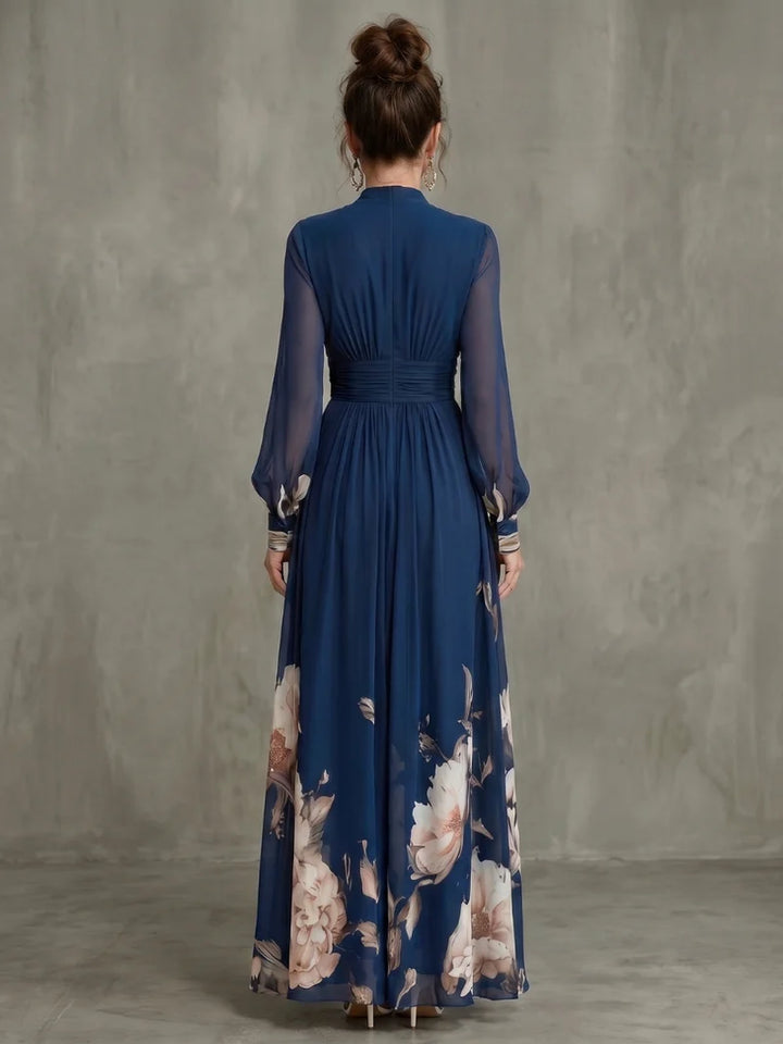 LAVINIA | FLORAL HEM SHEER-SLEEVE MAXI DRESS