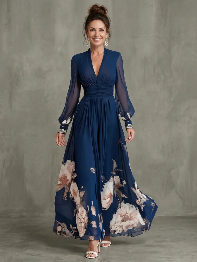 LAVINIA | FLORAL HEM SHEER-SLEEVE MAXI DRESS