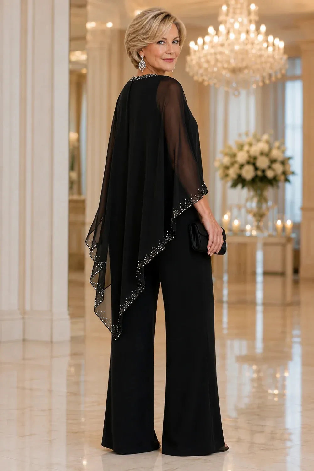 VIVIENNE | BEADED CHIFFON CAPE PANTSUIT