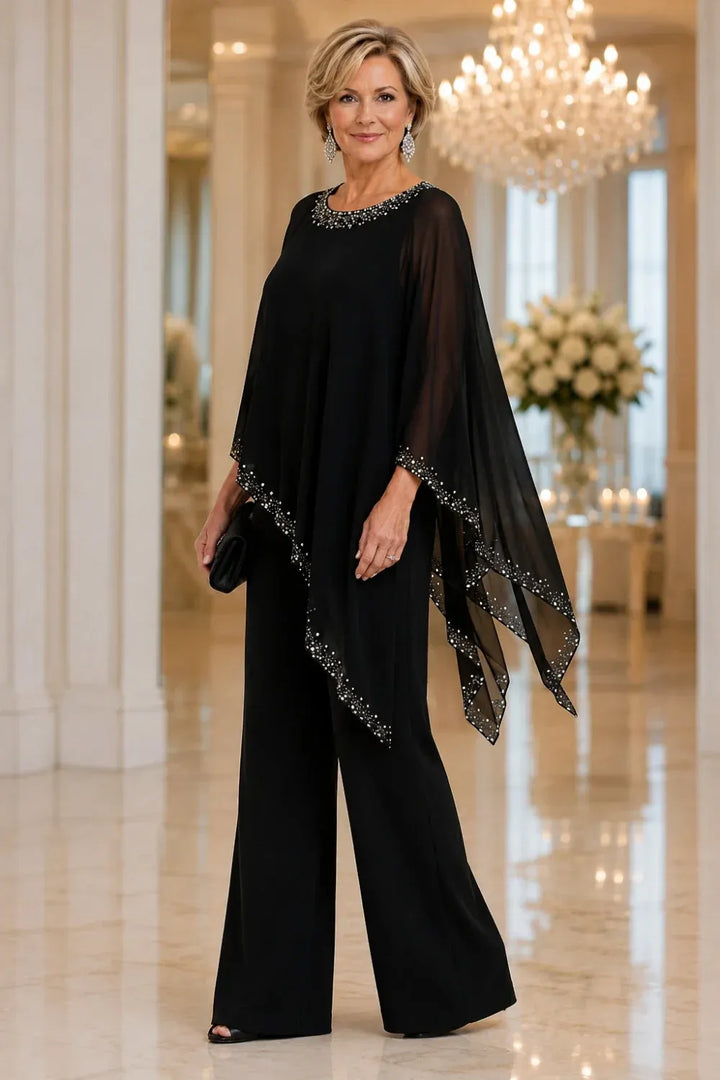 VIVIENNE | BEADED CHIFFON CAPE PANTSUIT