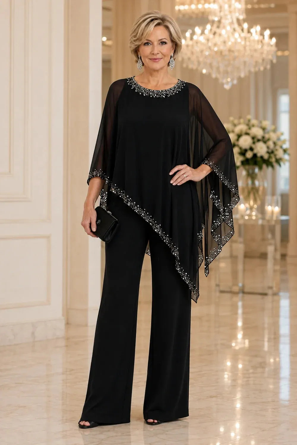 VIVIENNE | BEADED CHIFFON CAPE PANTSUIT