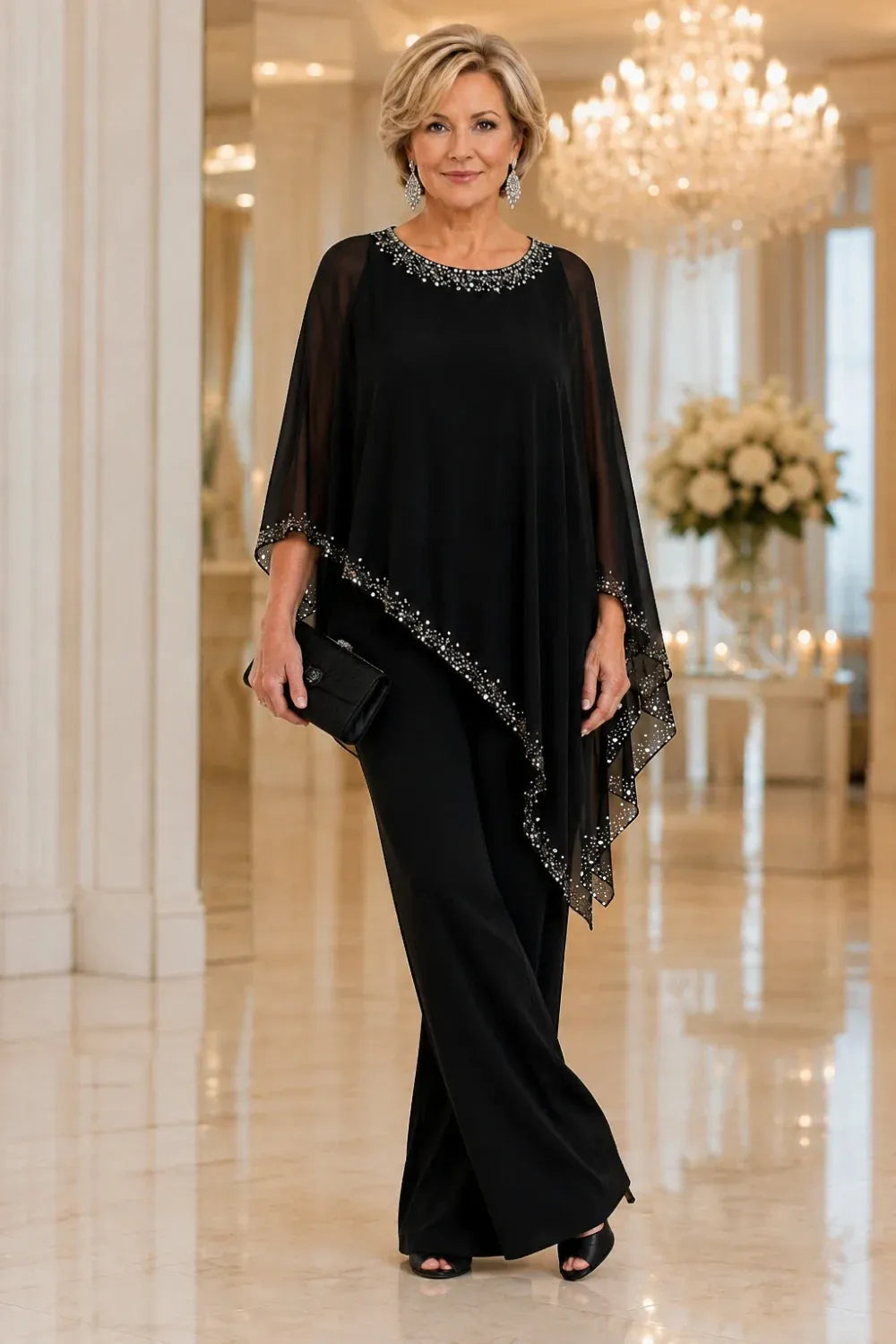 VIVIENNE | BEADED CHIFFON CAPE PANTSUIT