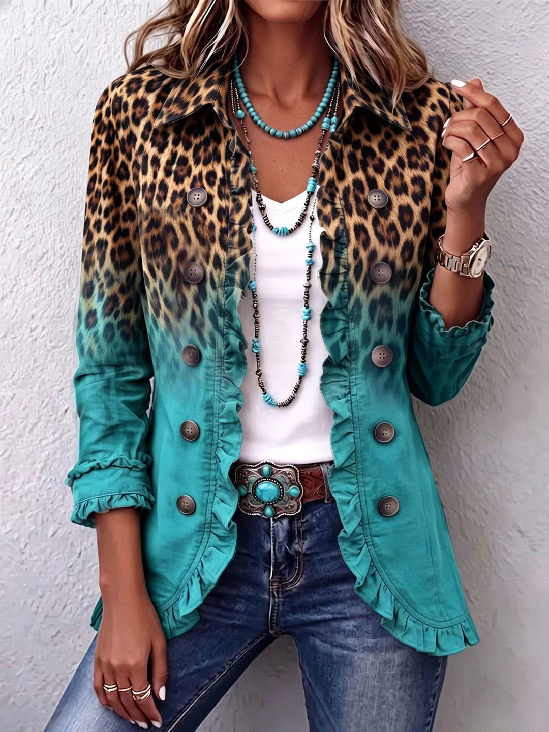 ELODIE | LEOPARD OMBRE RUFFLE BLAZER