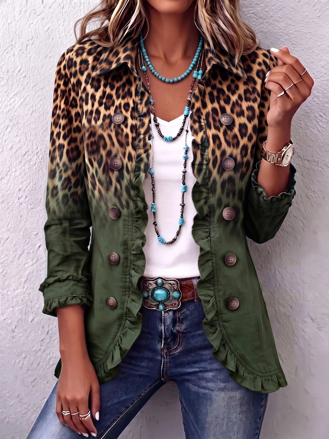 ELODIE | LEOPARD OMBRE RUFFLE BLAZER