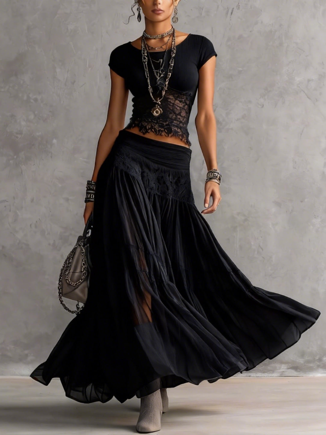 SERAPHINE | LACE-PANELED TOP &amp; PLEATED MAXI SKIRT SET