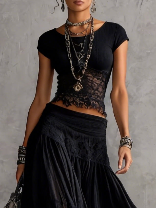 SERAPHINE | LACE-PANELED TOP &amp; PLEATED MAXI SKIRT SET