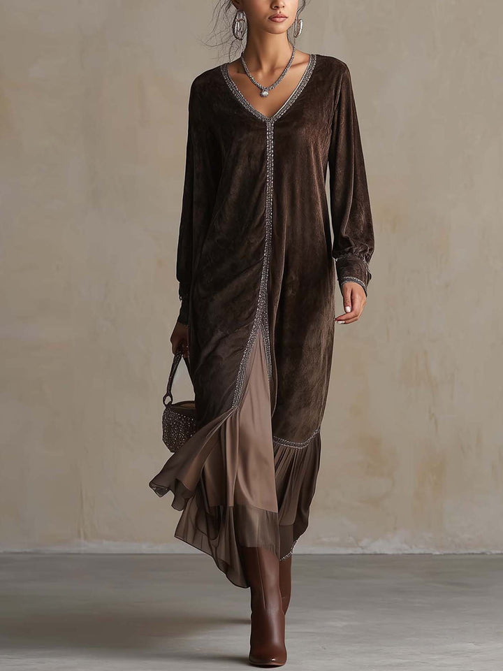 MARCELLA | FAUX SUEDE V-NECK MIDI DRESS
