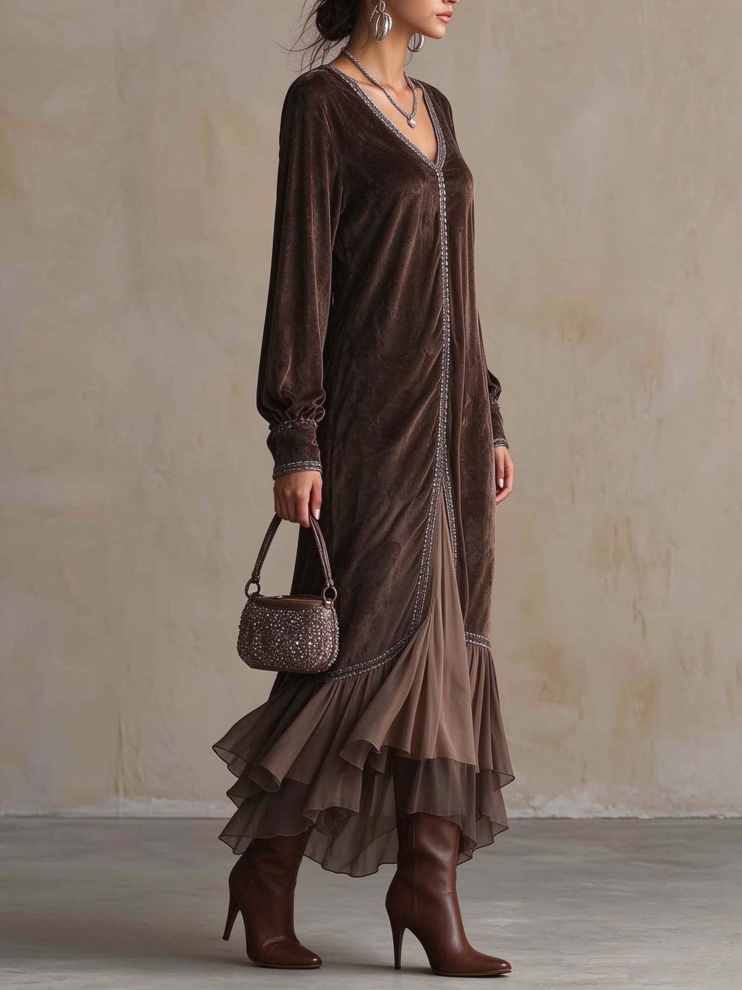 MARCELLA | FAUX SUEDE V-NECK MIDI DRESS