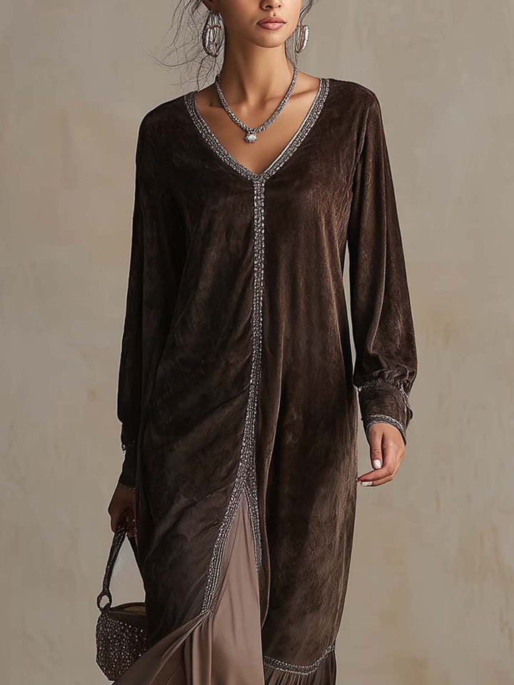 MARCELLA | FAUX SUEDE V-NECK MIDI DRESS