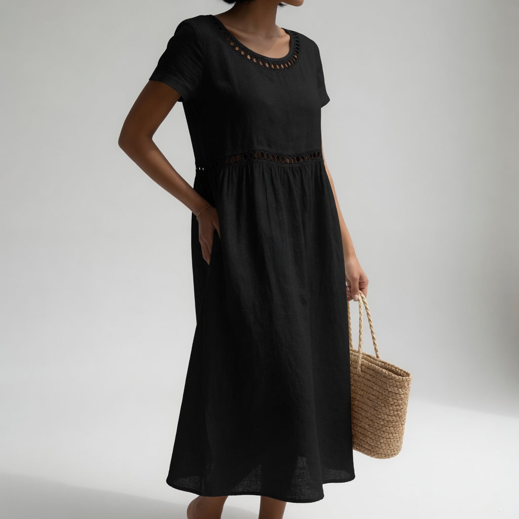 VIRGINIA | EYELET-TRIM GATHERED MIDI DRESS