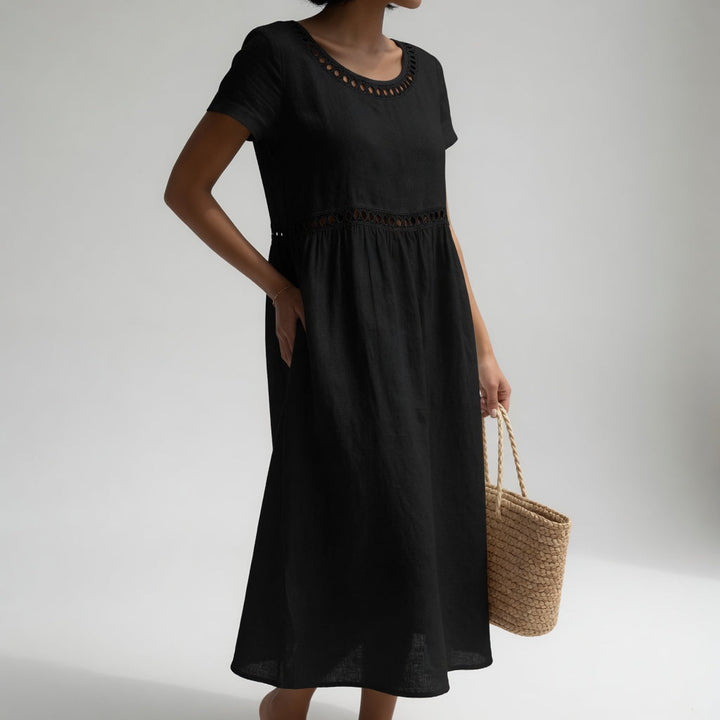 VIRGINIA | EYELET-TRIM GATHERED MIDI DRESS