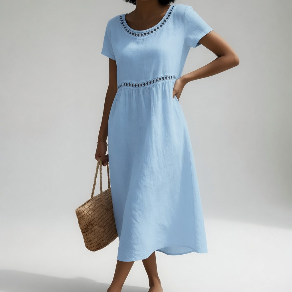 VIRGINIA | EYELET-TRIM GATHERED MIDI DRESS