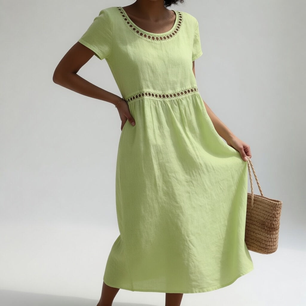 VIRGINIA | EYELET-TRIM GATHERED MIDI DRESS