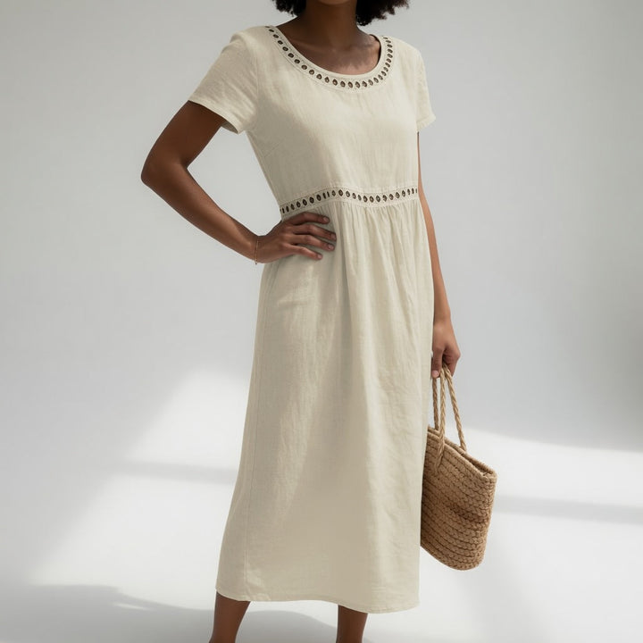 VIRGINIA | EYELET-TRIM GATHERED MIDI DRESS