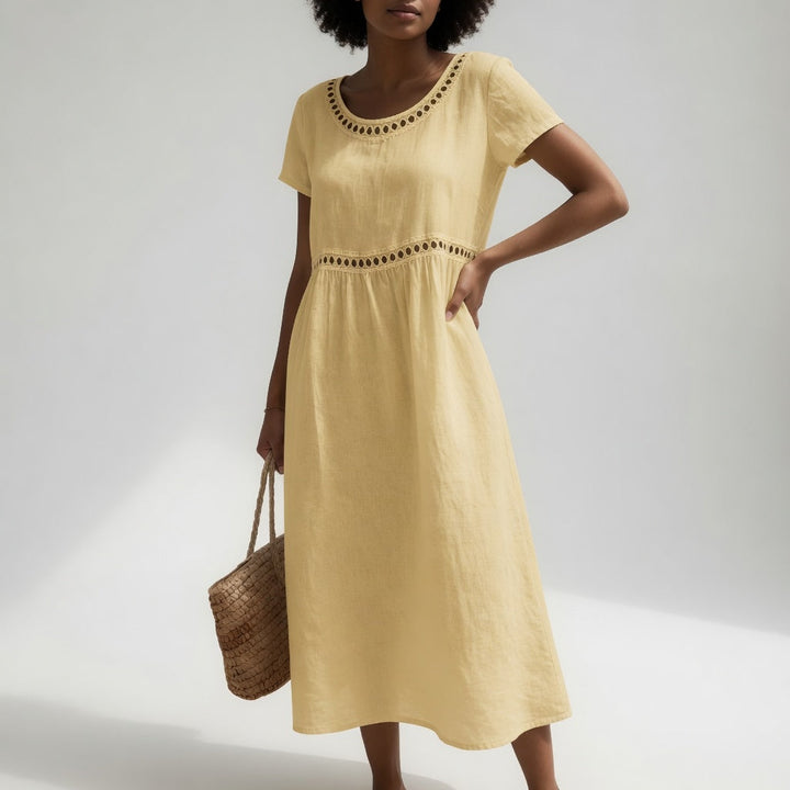 VIRGINIA | EYELET-TRIM GATHERED MIDI DRESS